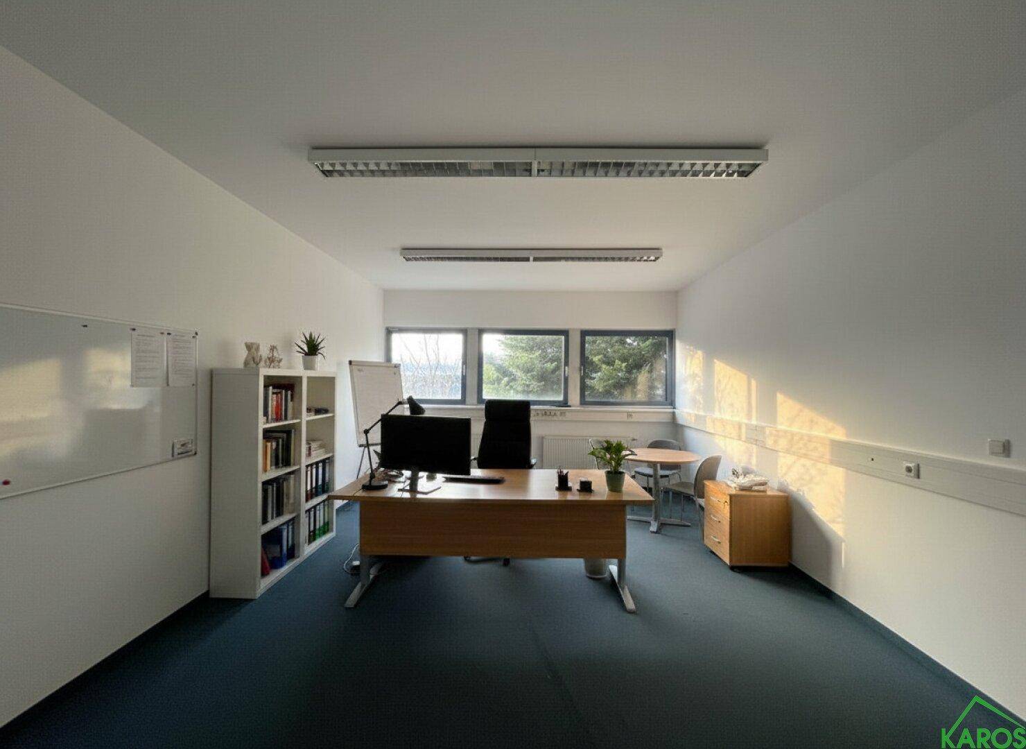 Helles Büro mit blauem Teppichboden, Schreibtischen, Regalen und Fenstern mit Blick ins Grüne.