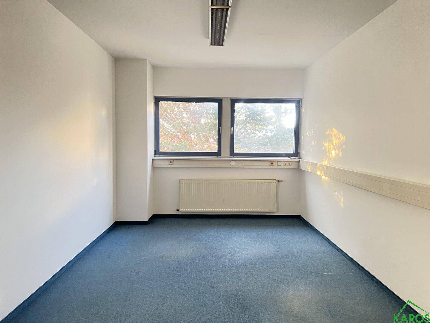 Leerer Büroraum mit blauem Teppichboden, weißen Wänden und zwei Fenstern, die viel Licht spenden.