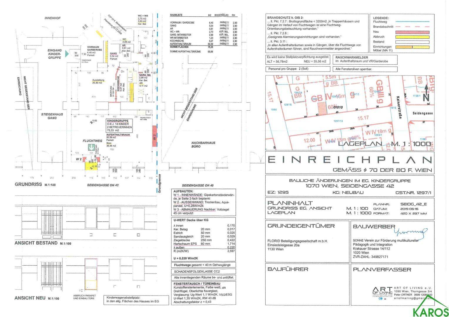 Detaillierter Einreichplan mit Grundrissen, Lageplan und technischen Informationen des Gebäudes.
