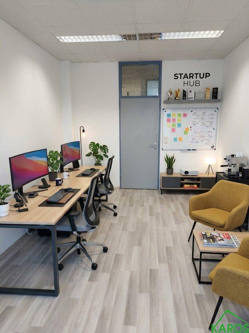 Dynamisches Büro mit mehreren Arbeitsplätzen, einer Kaffeestation und einem "Startup Hub" Bereich.