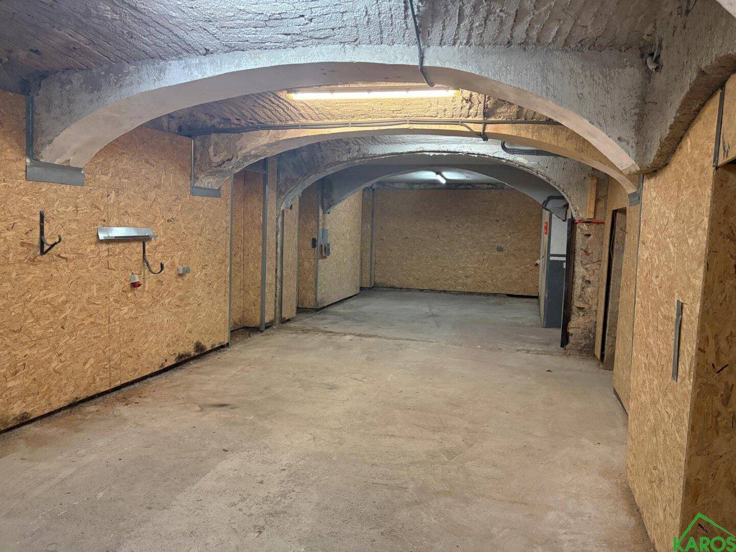 Geräumiger Kellerraum mit gewölbter Decke, unverputzten Wänden und Betonboden.