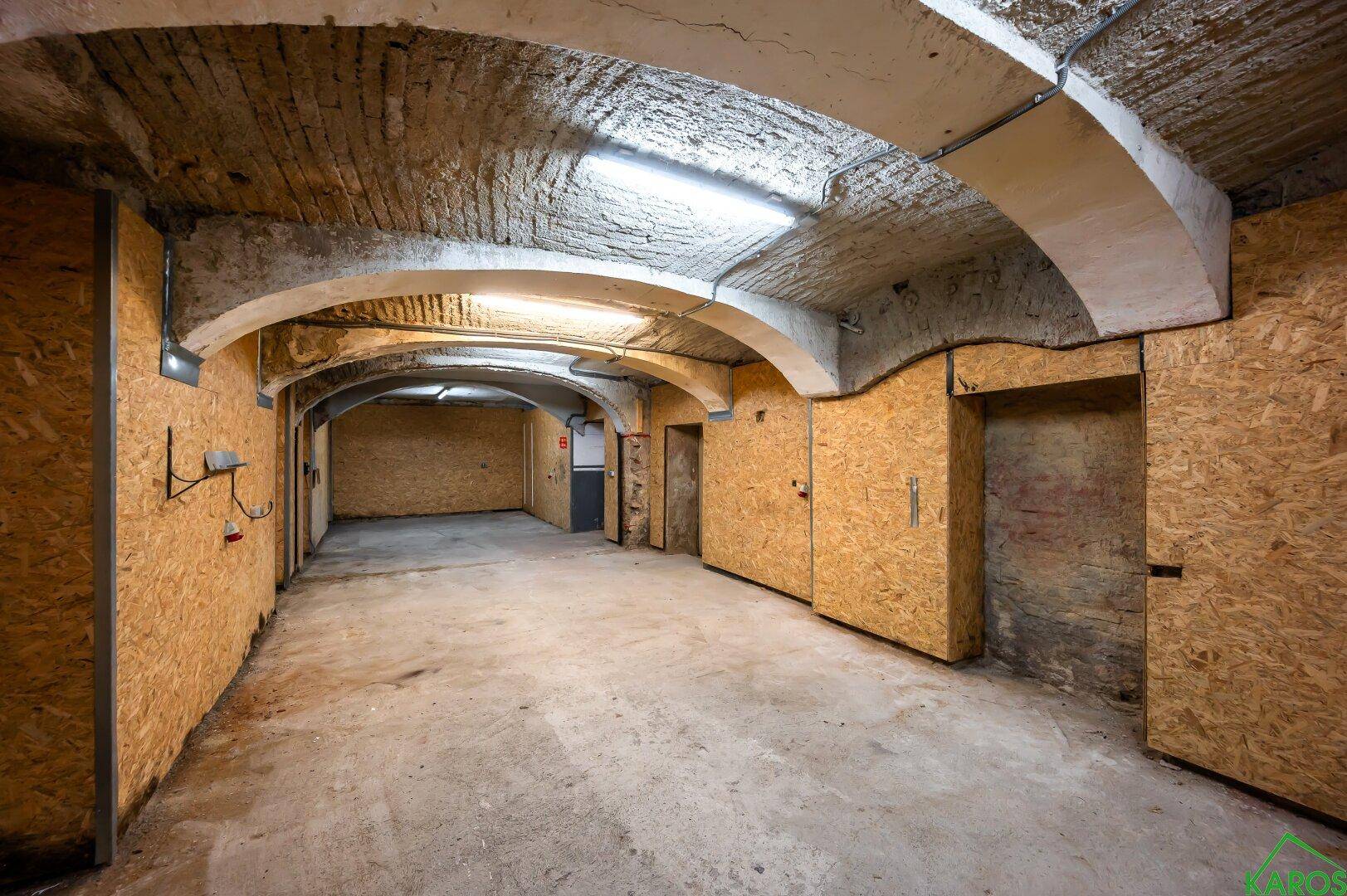 Geräumiger Kellerraum mit Gewölbedecke, Betonboden und unverputzten Wänden.