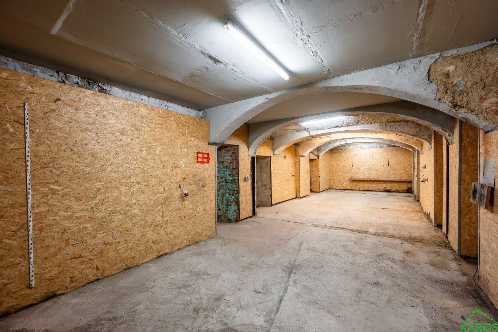 Großer Kellerraum mit unverputzten Wänden, Betonboden und Deckenbeleuchtung.