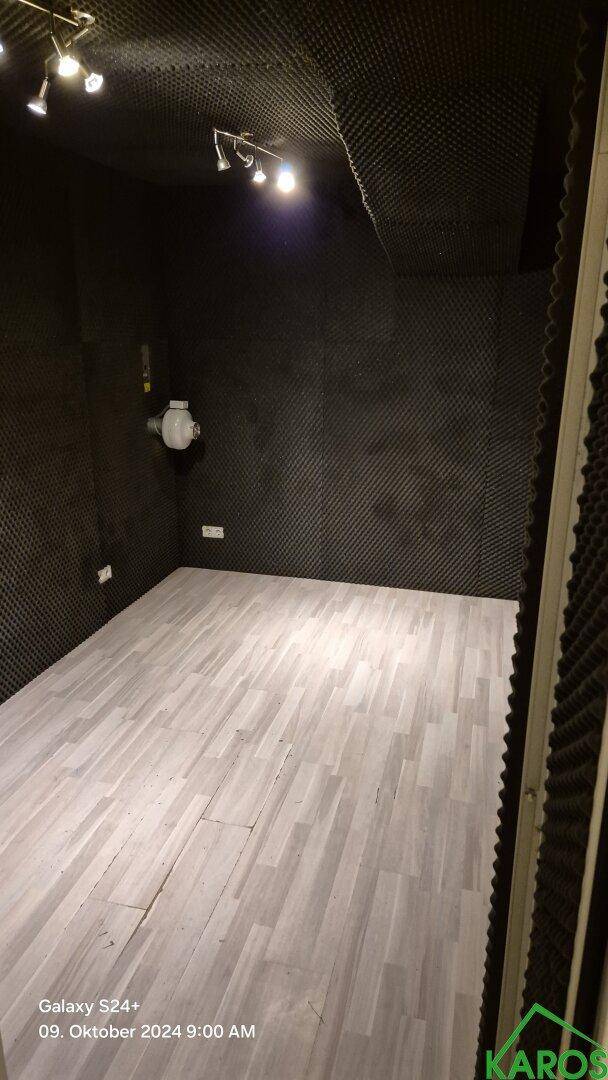 Ein spezieller Hobbyraum mit schwarzen Akustikpaneelen an Wänden und Decke sowie hellem Laminatboden.