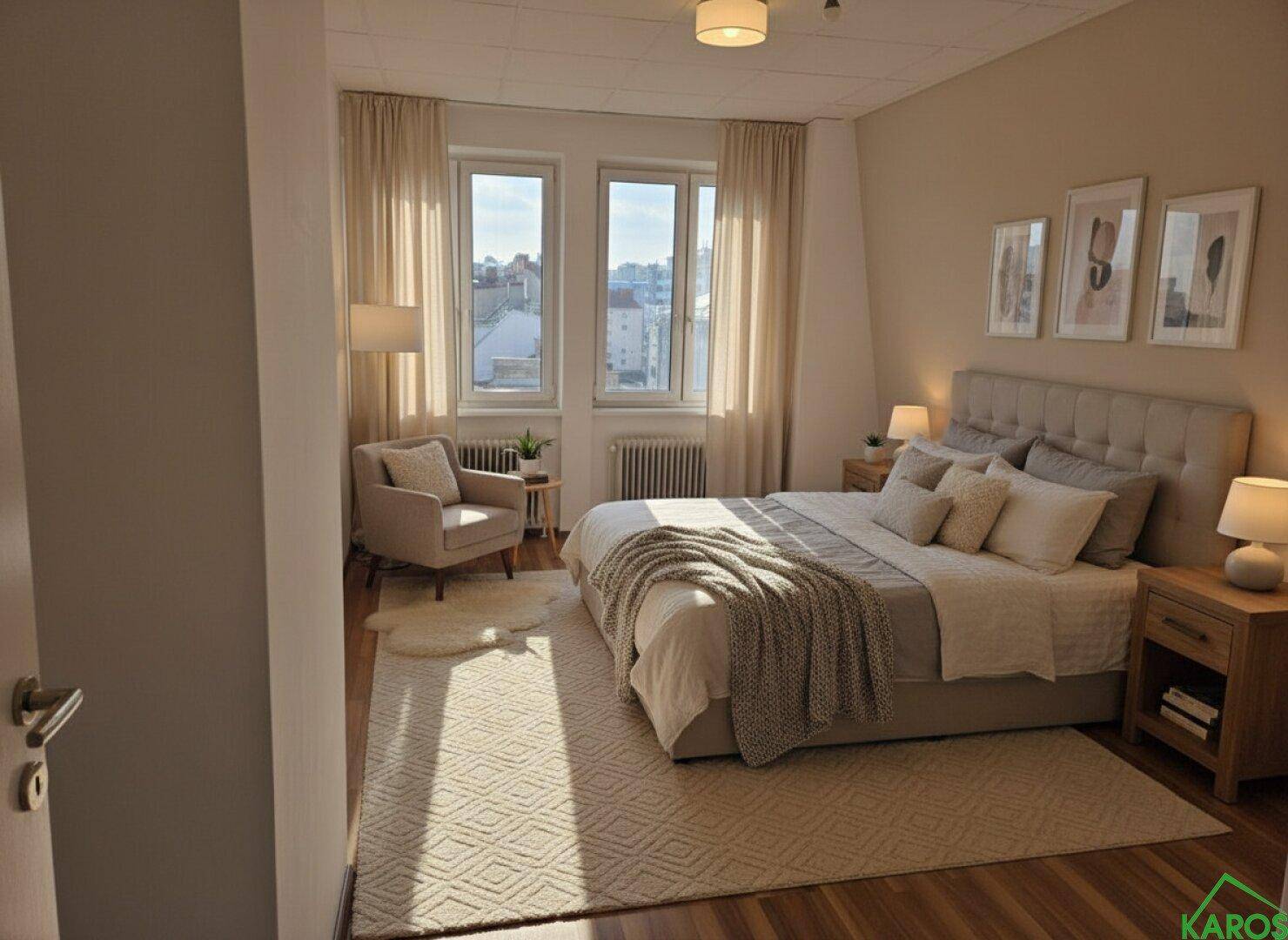 Gemütliches Schlafzimmer mit Doppelbett, Holzboden und großen Fenstern.