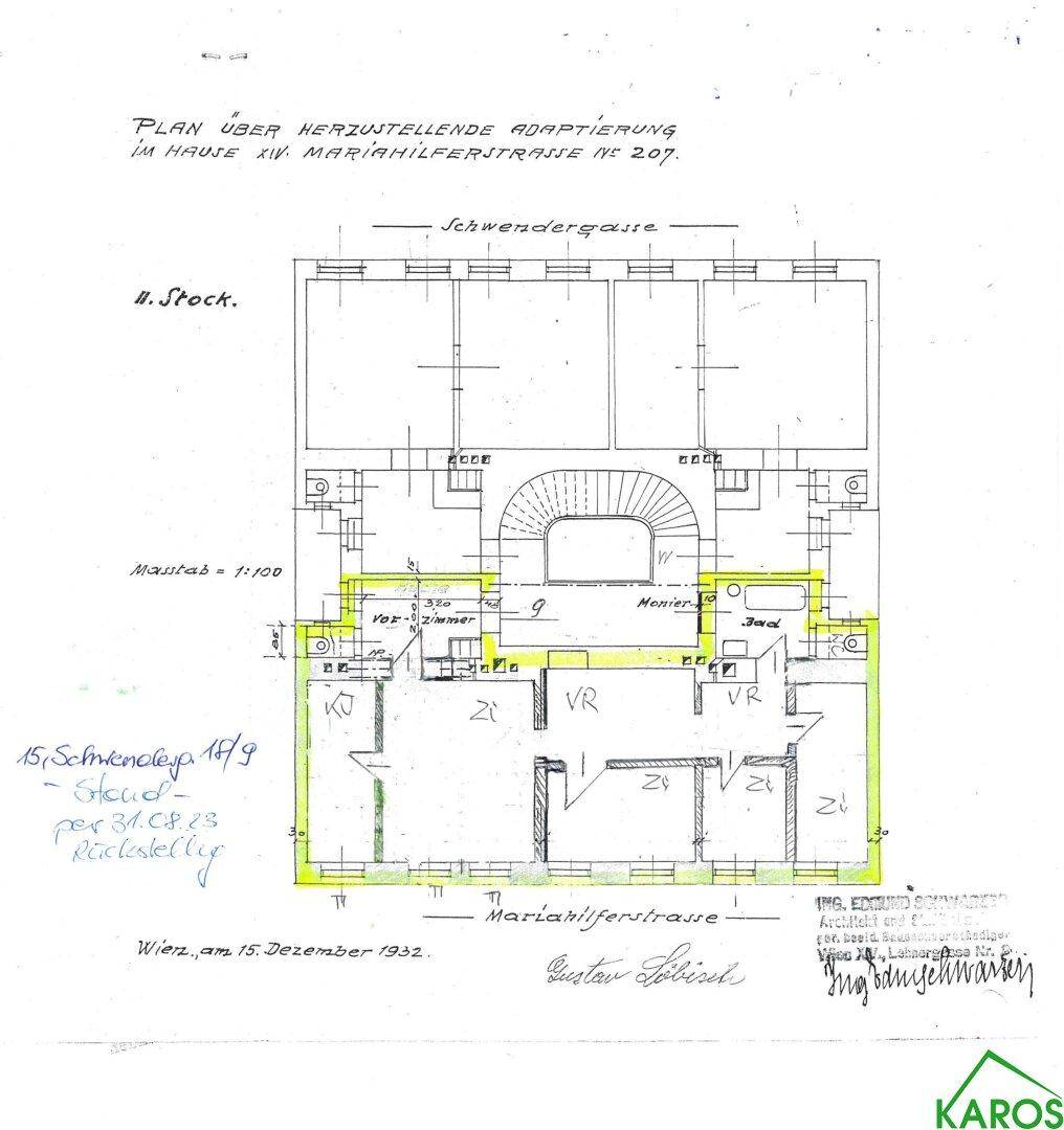 Historischer Grundrissplan eines Stockwerks mit Zimmern und einem kleinen Balkon.