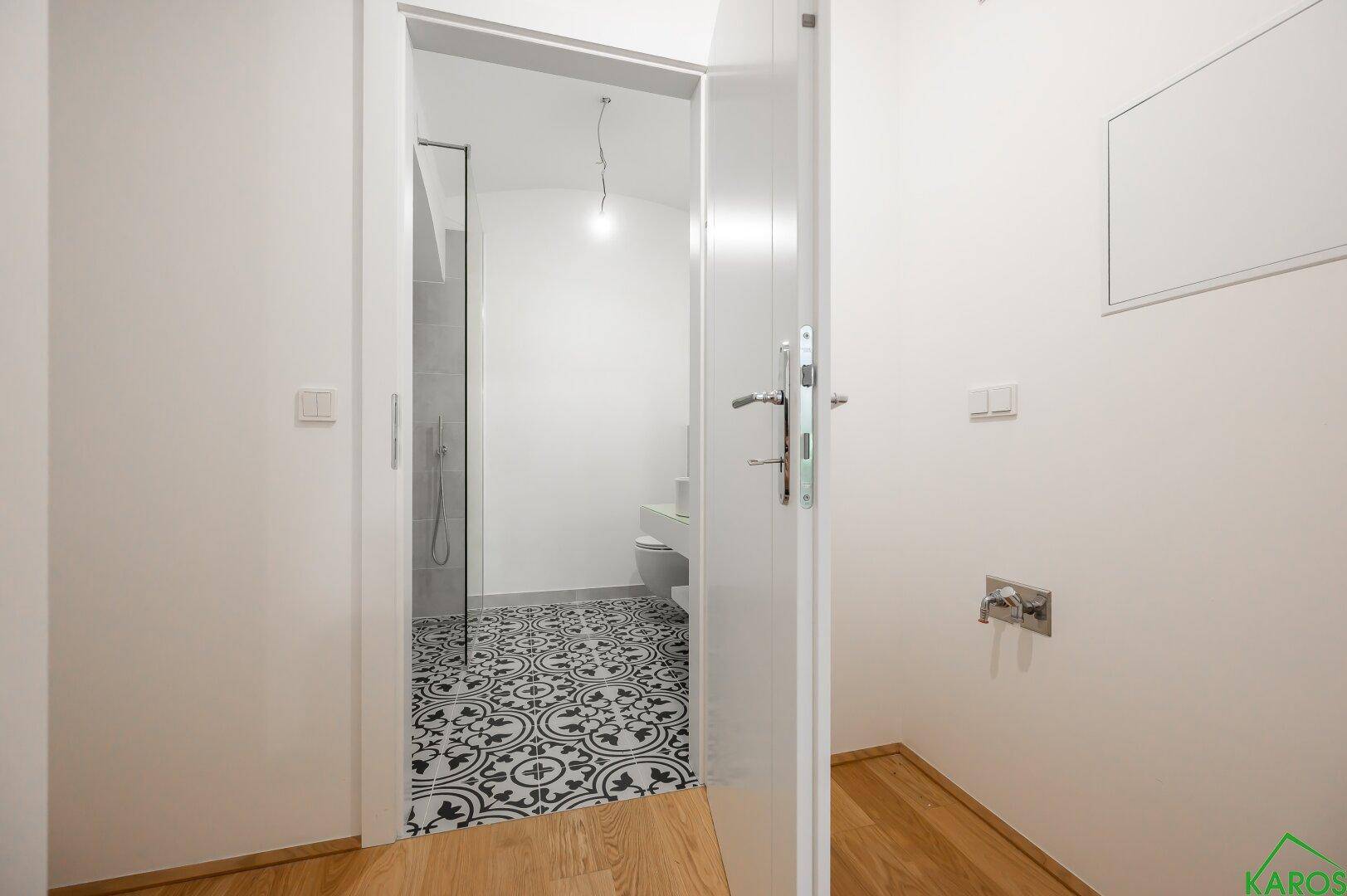 Eingangsbereich zum Badezimmer mit gemusterten Fliesen und Blick auf die Dusche.