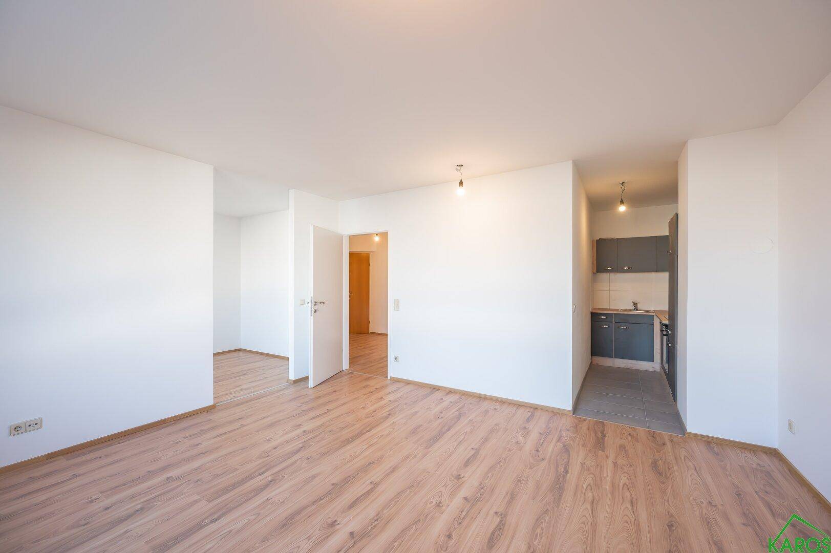 Heller Wohnbereich mit Laminatboden, der zu einer kleinen Küche und einem Flur führt.