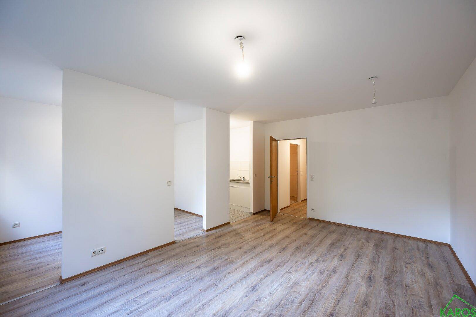 Geräumiger, leerer Wohnbereich mit Laminatboden und Zugang zu weiteren Zimmern in hellem Design.