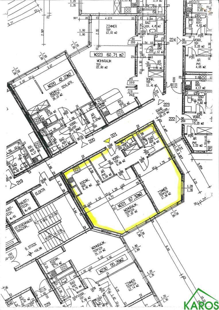 Detaillierter Grundrissplan einer Wohnung mit hervorgehobener Fläche und Raumaufteilung.