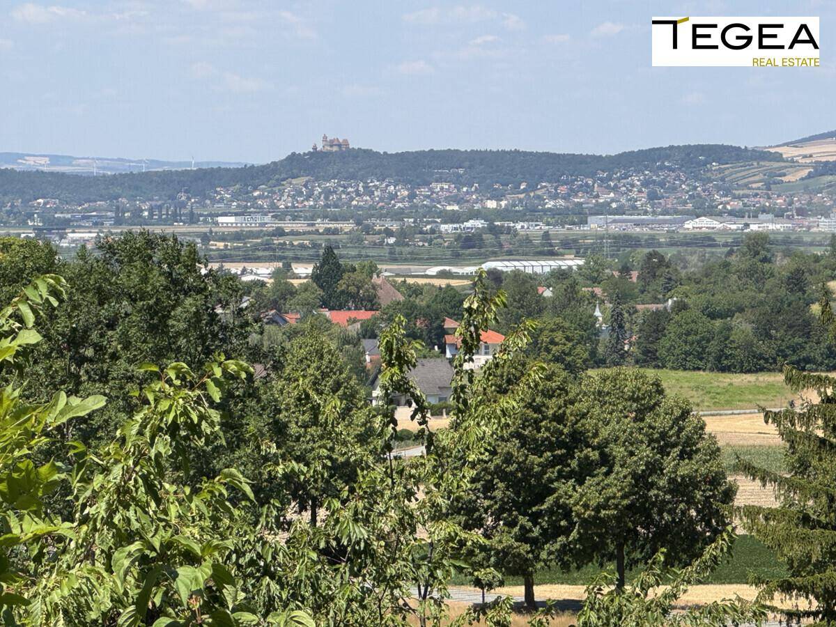 Ein weitläufiger Panoramablick über die Landschaft mit einem Schloss auf einem Hügel in der Ferne.