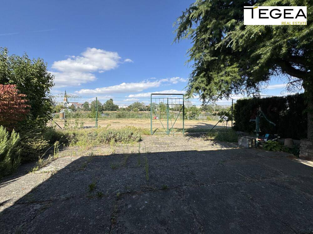 Gepflasterter Bereich im Garten mit Blick auf eine eingezäunte Grünfläche und den See.