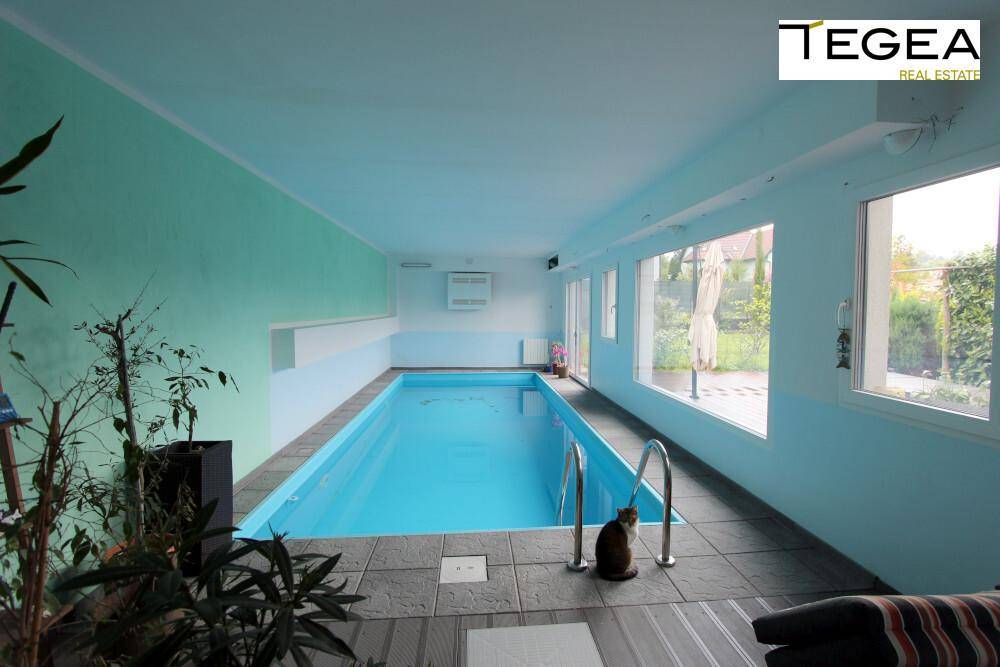 Heller Innenpoolbereich mit Fliesenboden und großen Fenstern zum Garten.