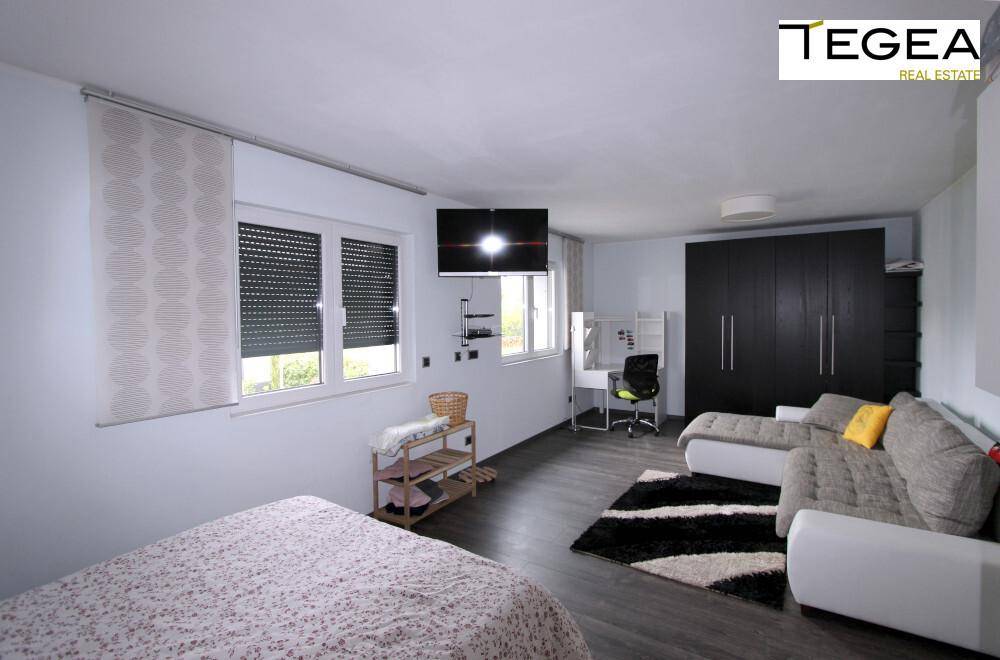 Geräumiges Schlafzimmer mit Bett, Sofa, Fernseher und dunklem Laminatboden.