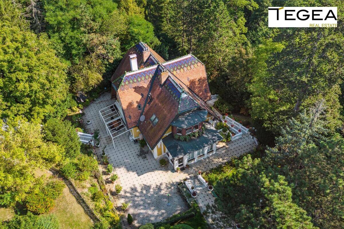 Detailaufnahme der historischen Villa von oben mit kunstvoll gefliestem Dach und gepflasterten Wegen.