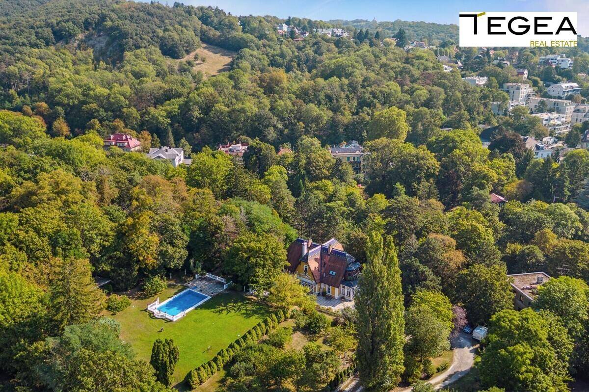 Weitläufige Liegenschaft mit historischer Villa, großem Pool und Blick auf die bewaldete Umgebung.