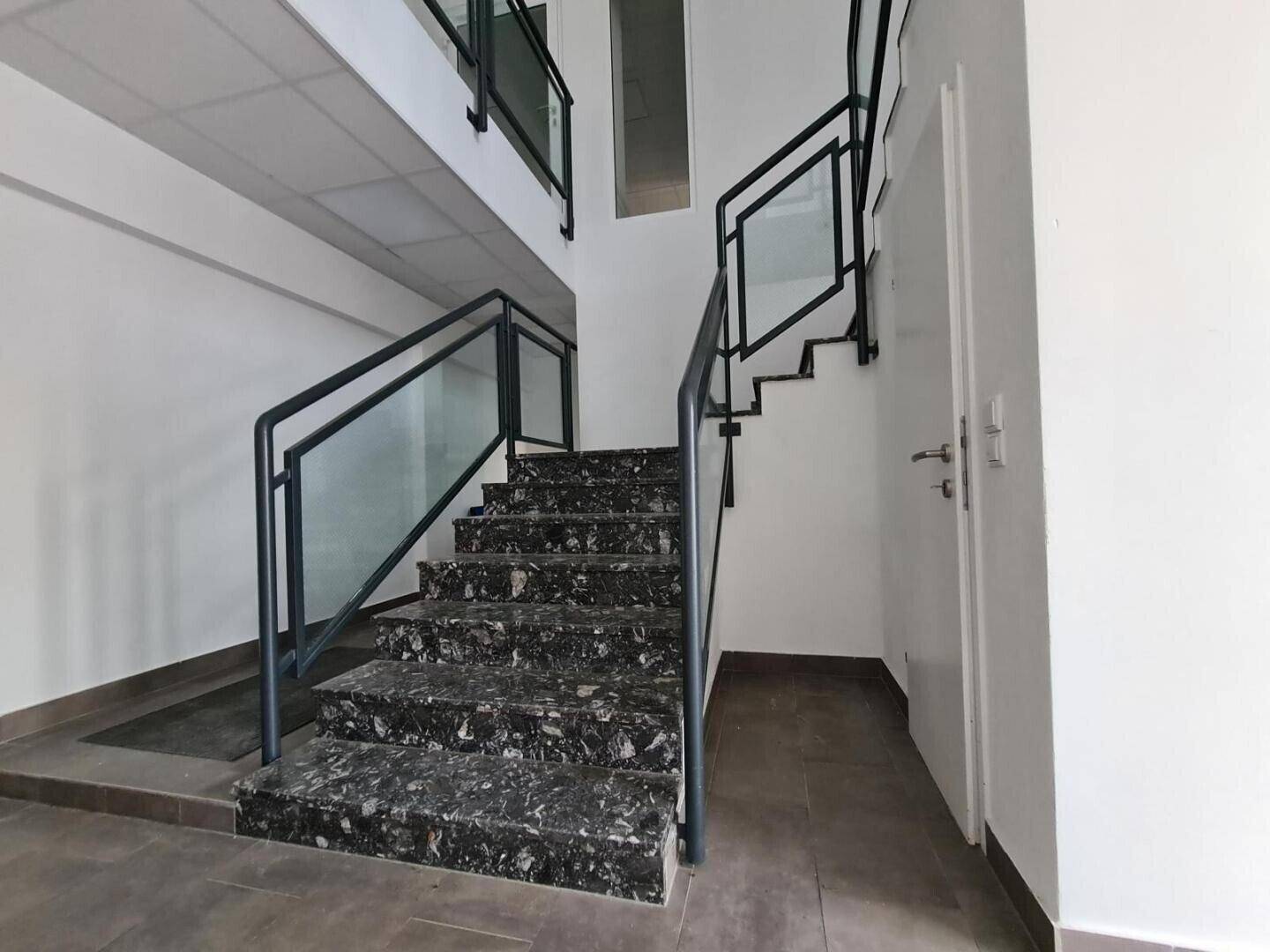 Moderner Treppenaufgang mit dunklen Marmorstufen und eleganten schwarzen Geländern mit Glaselementen.