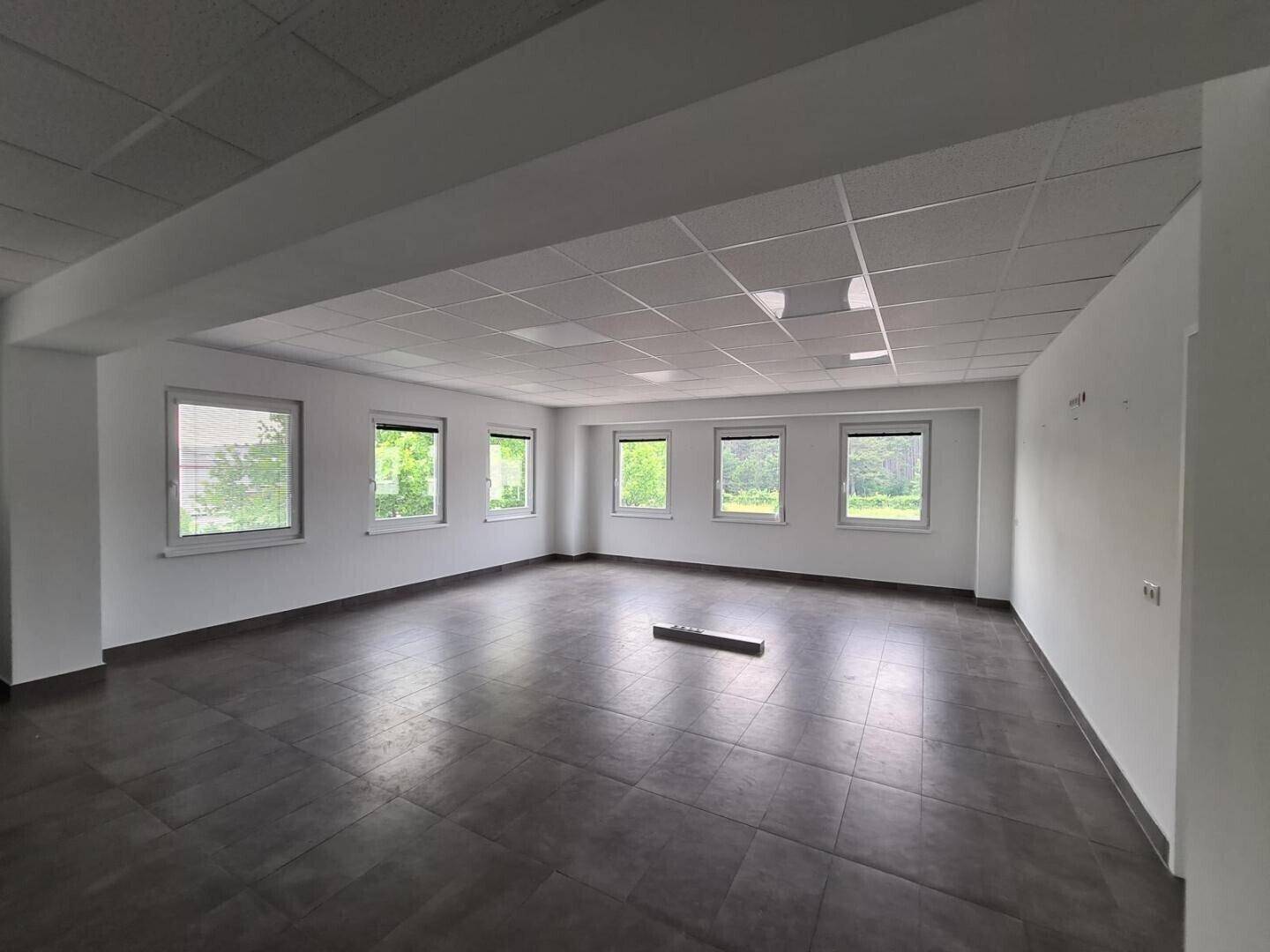 Helles, leeres Büro mit großen Fenstern, grauen Fliesen und abgehängter Decke.