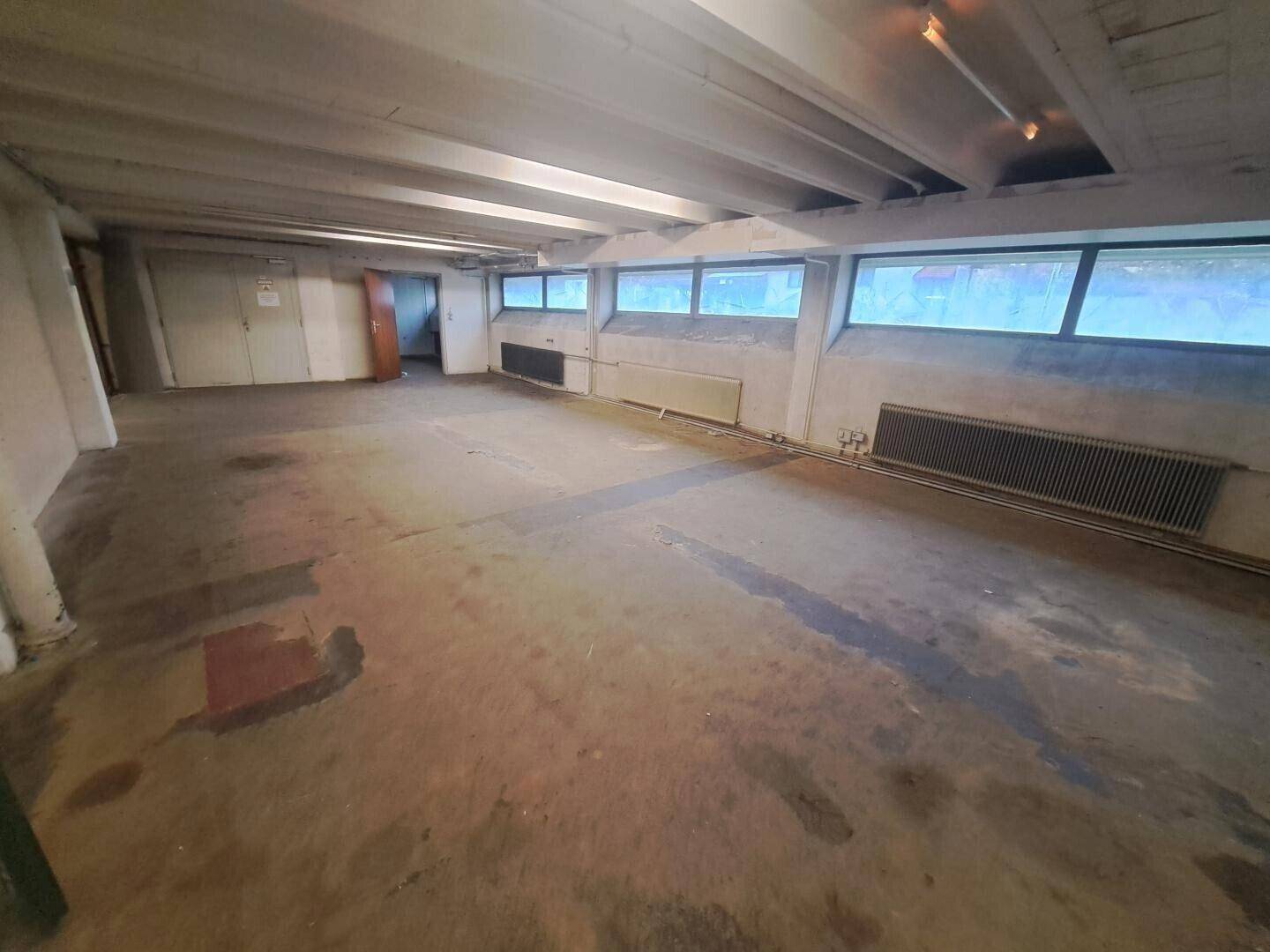 Geräumiger Kellerraum mit Betonboden, Heizkörpern und kleinen Fenstern nahe der Decke.