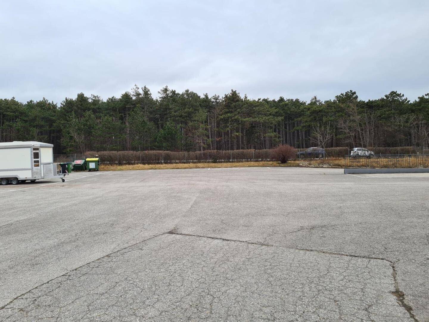 Großer asphaltierter Parkplatz vor einem Waldgebiet mit viel Freifläche.