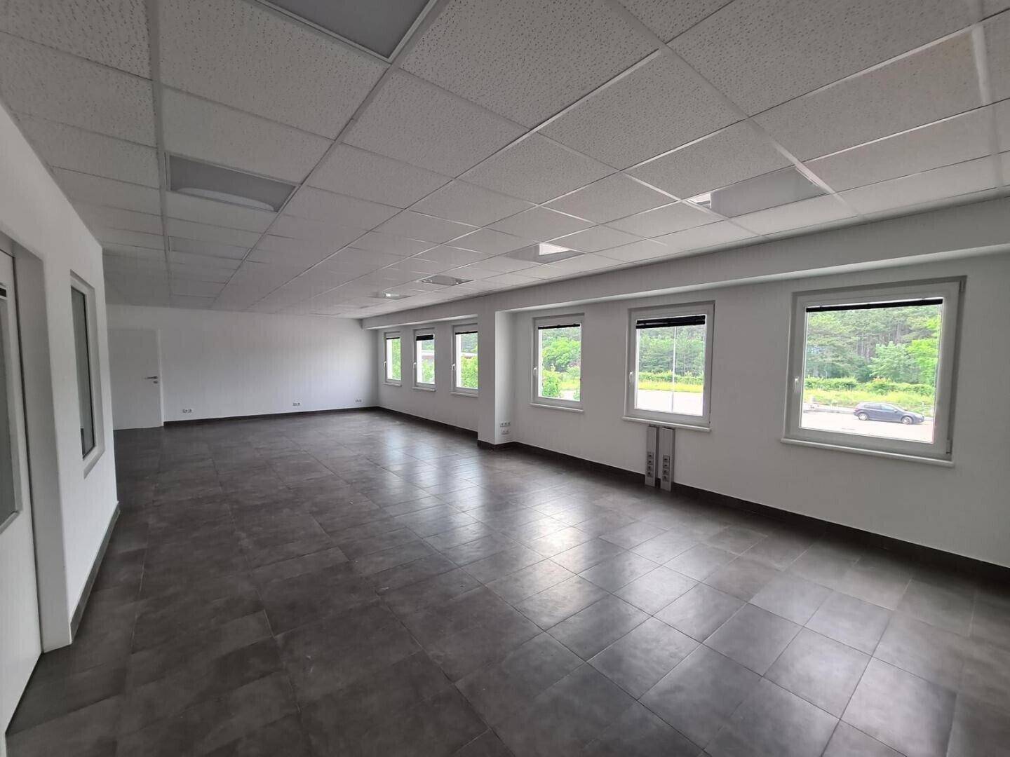Heller und geräumiger Büroraum mit großen Fenstern, Fliesenboden und abgehängter Decke.