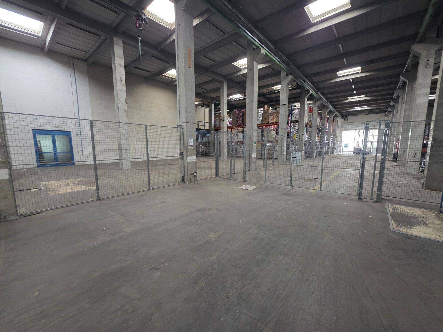 Weitläufige Lagerhalle mit Betonboden, hohen Decken und Metallzäunen zur Abgrenzung von Arbeitsbereichen.