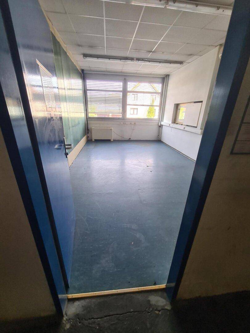 Heller, leerer Raum mit blauer Tür, Fenster mit Jalousien und blauem Vinylboden.