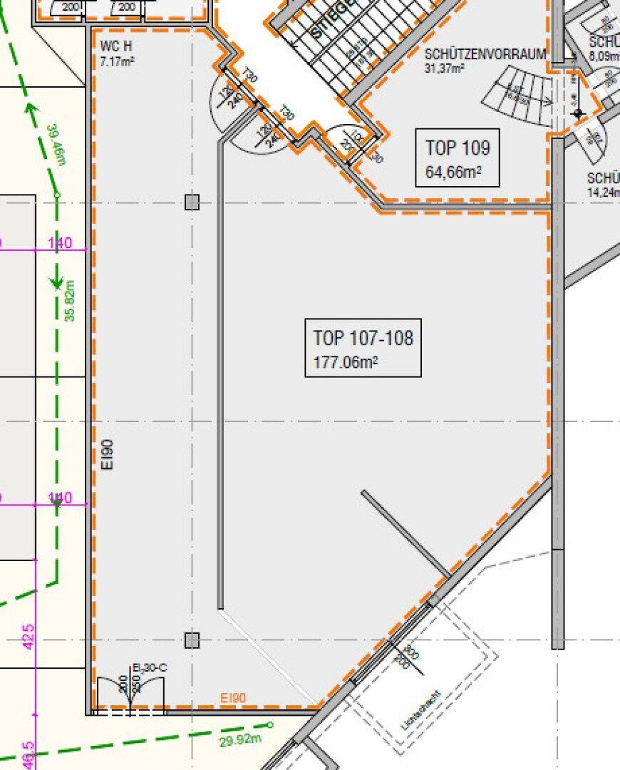 Detaillierter Grundriss mit mehreren Einheiten, Treppenhaus und Sanitärbereich, inklusive Flächenangaben.