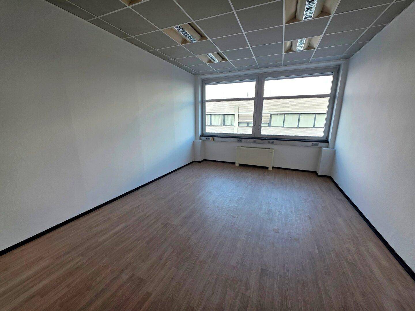 Modernes Büro mit Holzoptik-Laminatboden und großen Fenstern, die den Raum mit Tageslicht füllen.