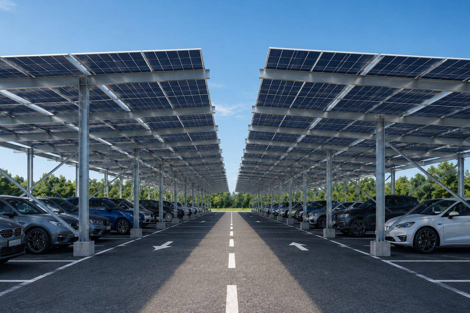 Blick auf einen modernen Parkplatz mit Reihen von Solarmodul-Überdachungen und geparkten Fahrzeugen.