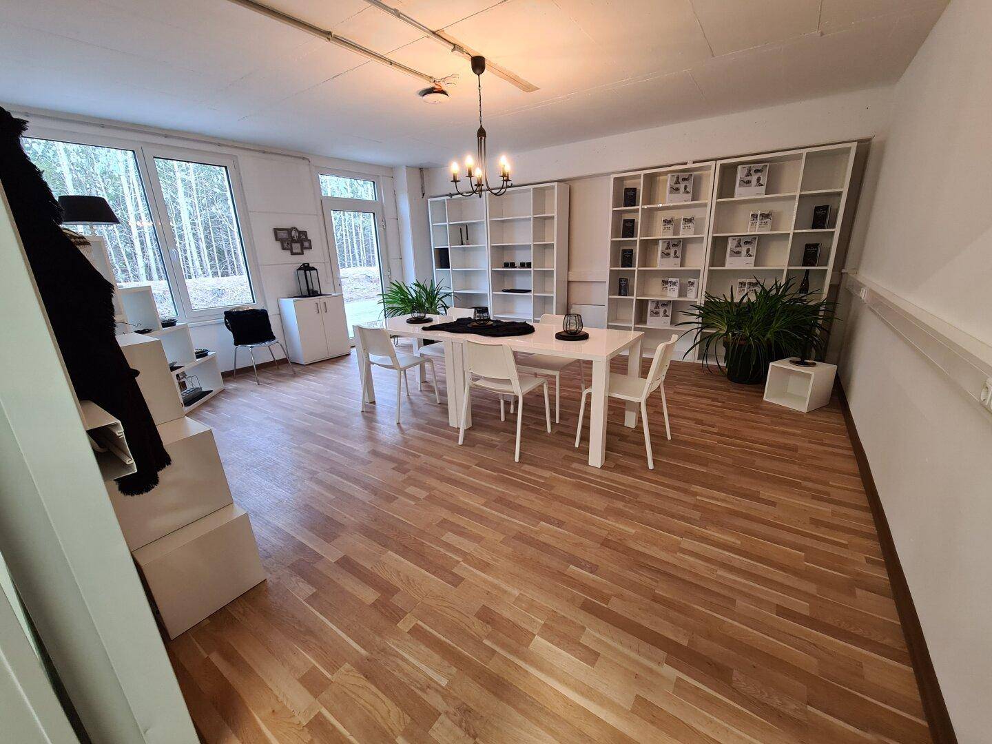 Heller Büroraum mit Laminatboden, großen Fenstern und modernen weißen Möbeln, inklusive Regalen und Pflanzen.