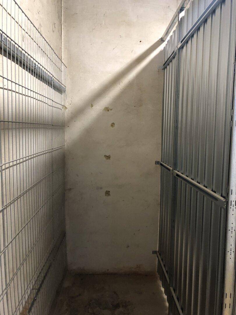 Kellerabteil mit Metallabtrennung und Betonwänden, ideal für zusätzlichen Stauraum in einem Mehrfamilienhaus.