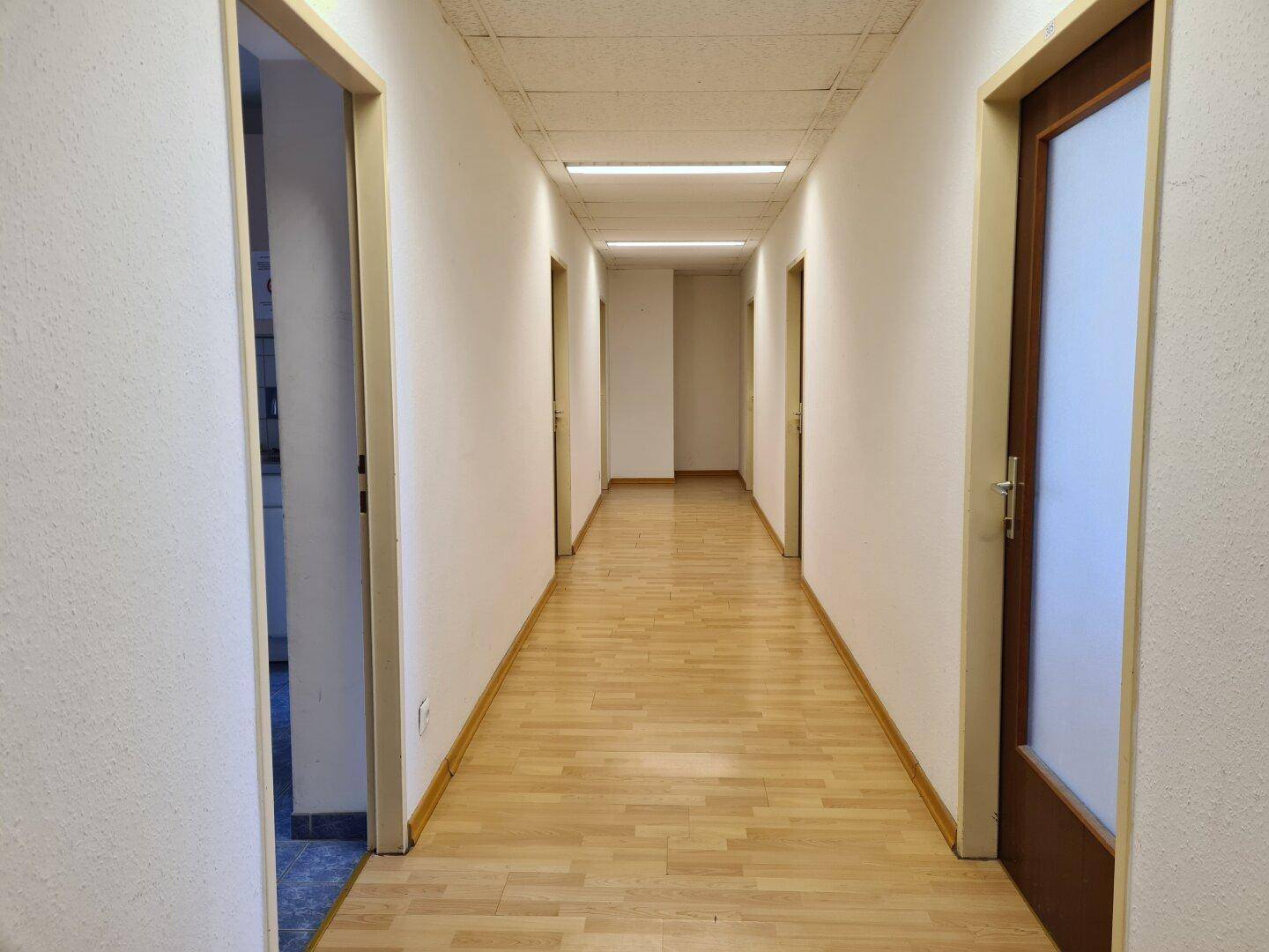 Langer, gut beleuchteter Flur mit mehreren Türen und durchgehendem Laminatboden.