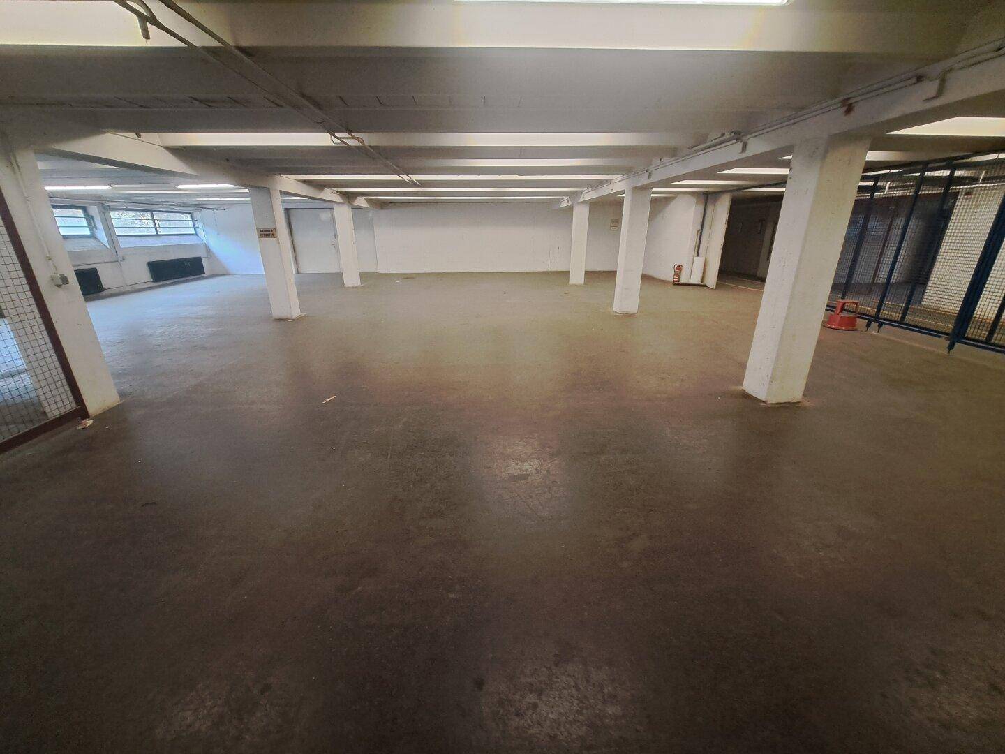 Weitläufiger, leerer Lagerbereich mit vielen weißen Stützpfeilern und Betonboden, gut beleuchtet.