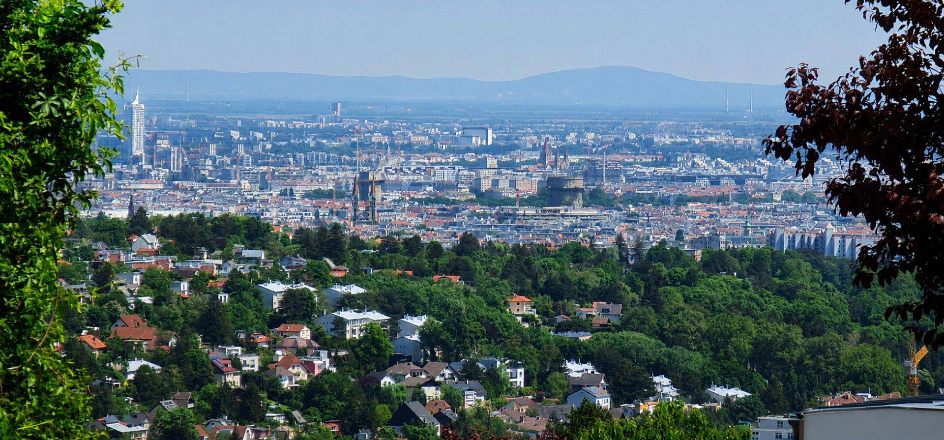 Weitläufiger Blick über eine Stadtlandschaft mit viel Grün und Bergen im Hintergrund.