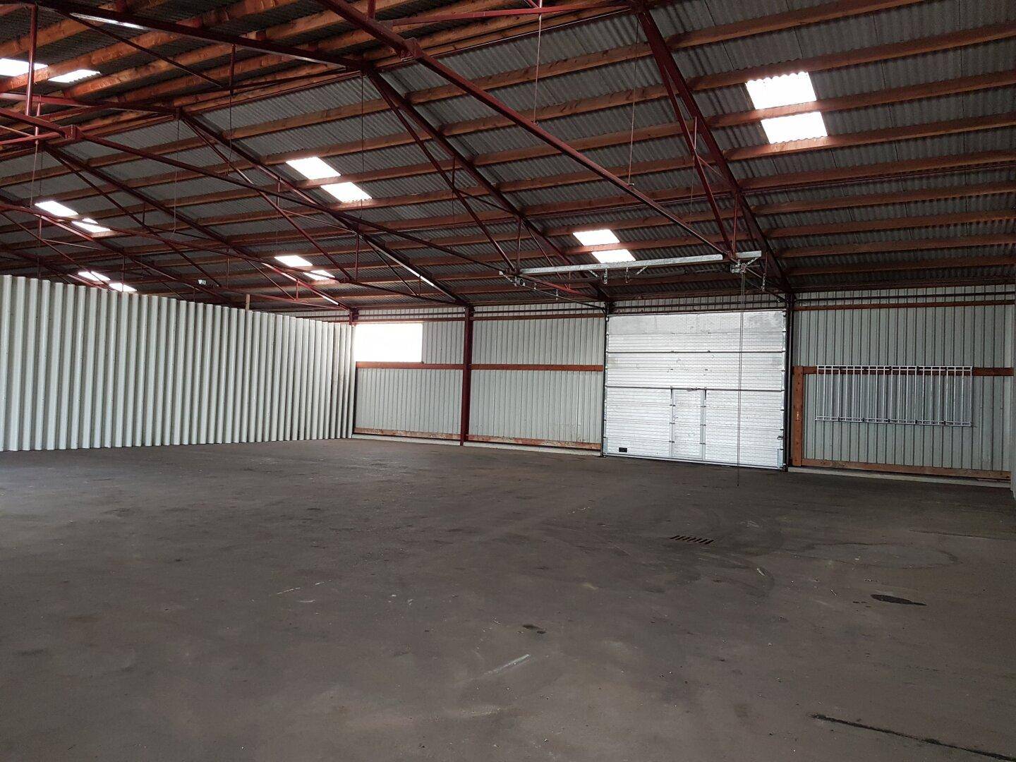 Geräumige Lagerhalle mit hoher Decke, sichtbaren Dachbalken und einem großen Rolltor für den Zugang.