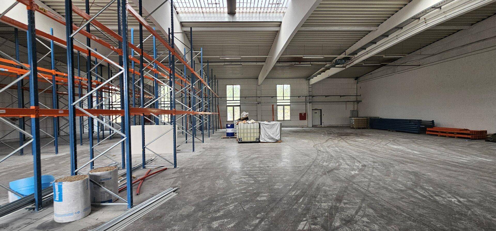 Geräumige Lagerhalle mit hohen Decken, Betonboden und industriellen Regalsystemen, gut beleuchtet durch Oberlichter und Fenster.