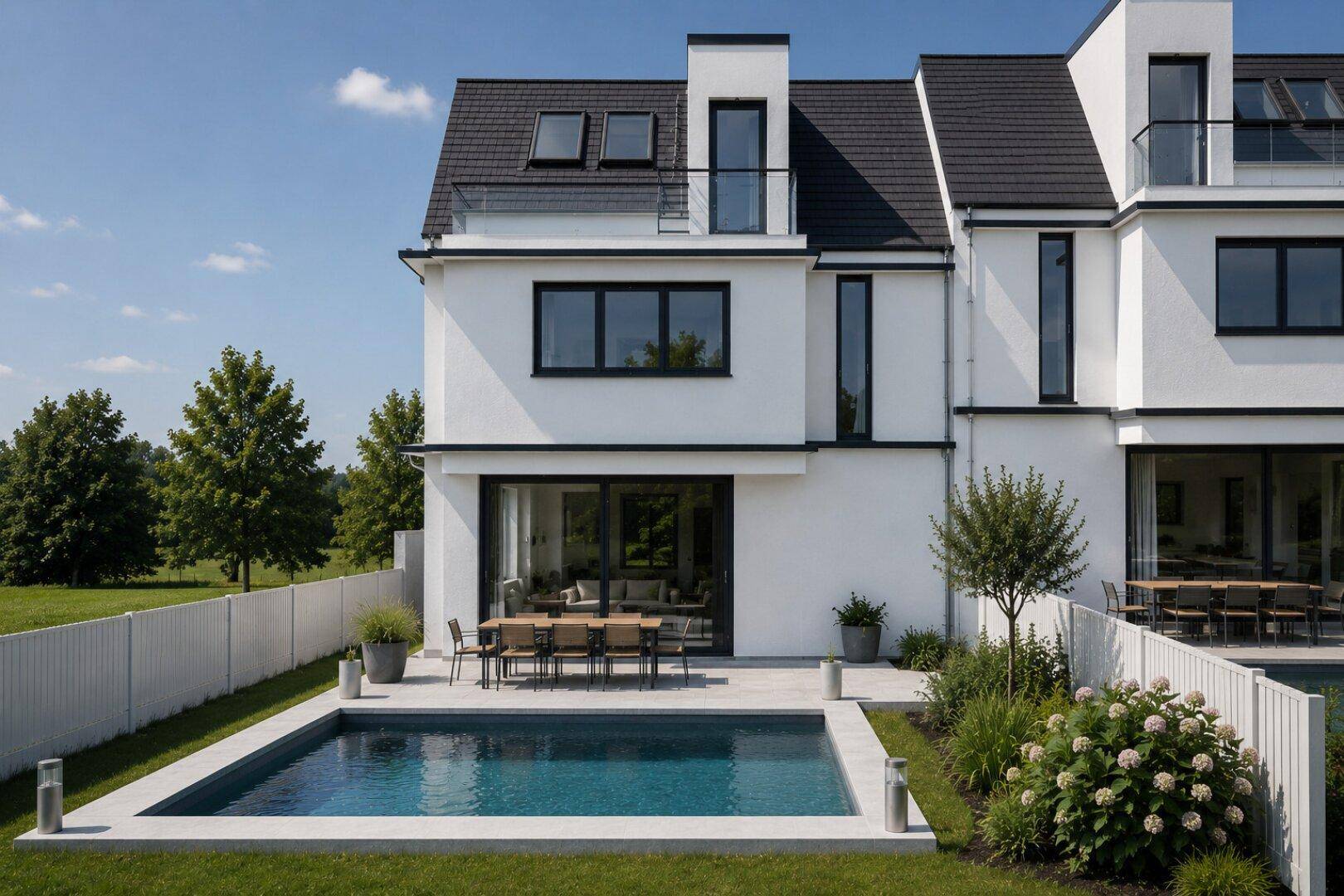 Modernes Haus mit Außenpool, Terrasse und Essbereich im gepflegten Garten.