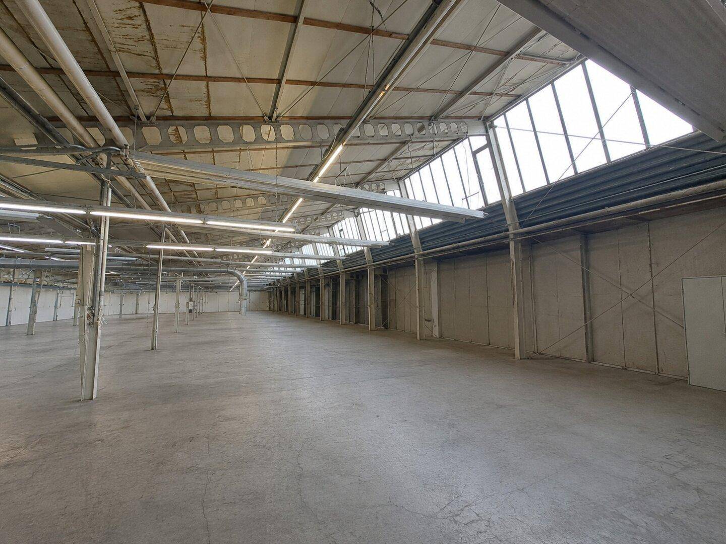 Lange, leere Industriehalle mit Betonboden, offener Deckenkonstruktion und großen Oberlichtern für viel Licht.