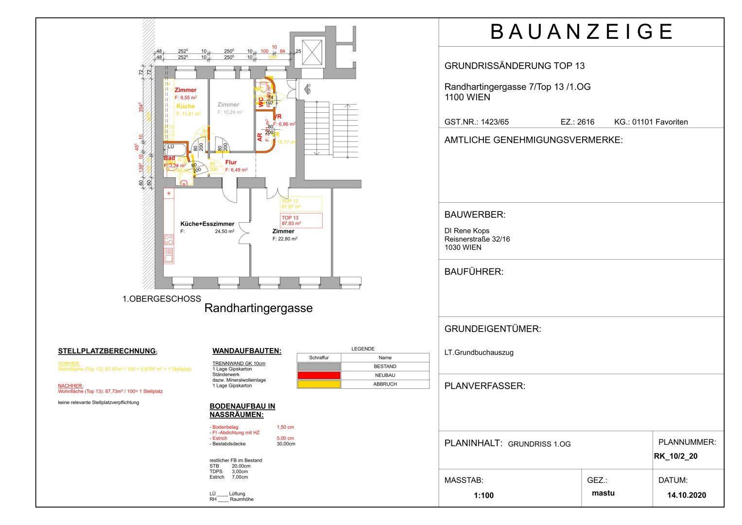 Grundriss des 1. Obergeschosses mit Küche-Esszimmer, Bad und mehreren Zimmern, zeigt eine Grundrissänderung.
