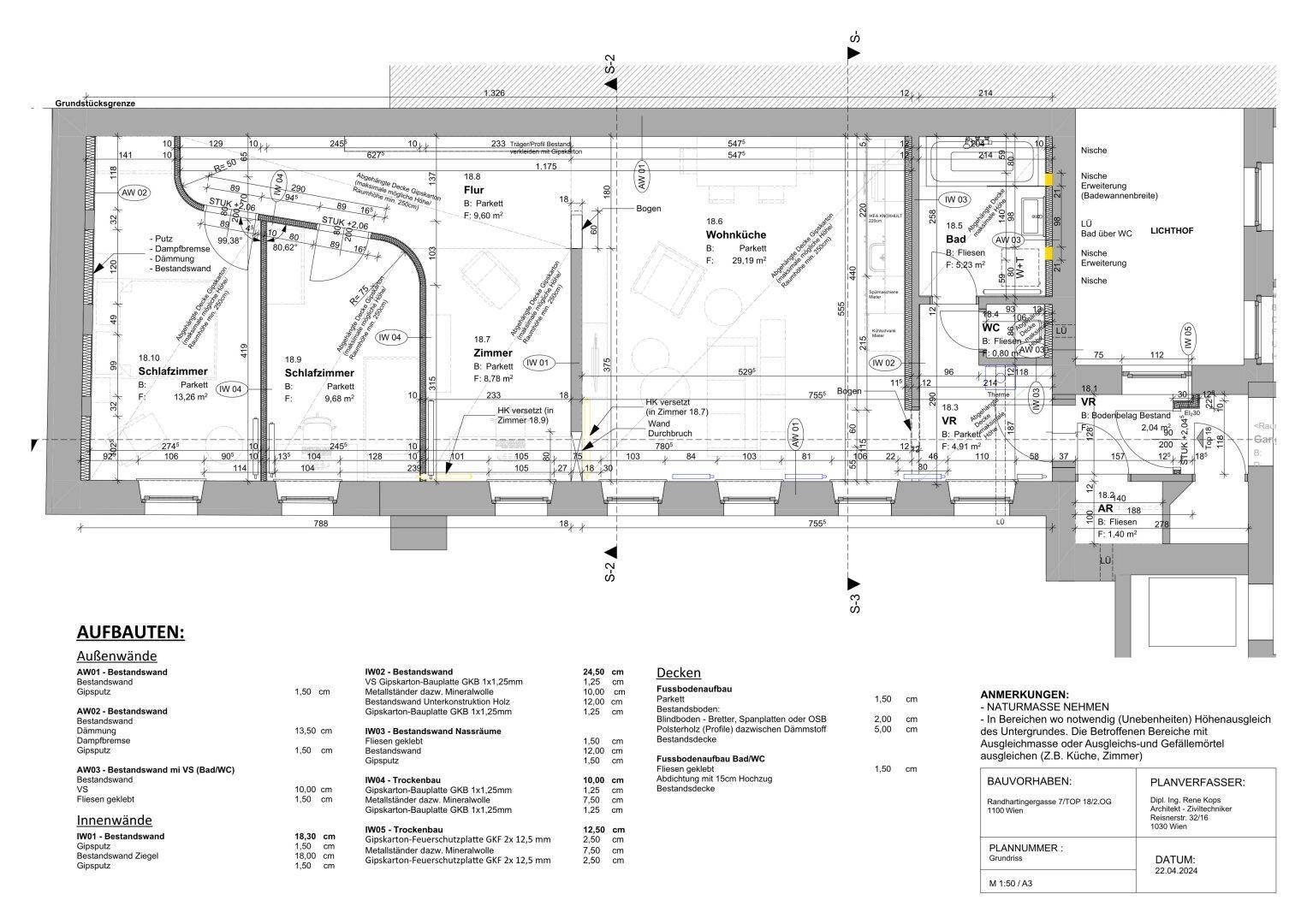 Grundriss einer Wohnung mit drei Schlafzimmern, offener Wohnküche, Bad und separatem WC.