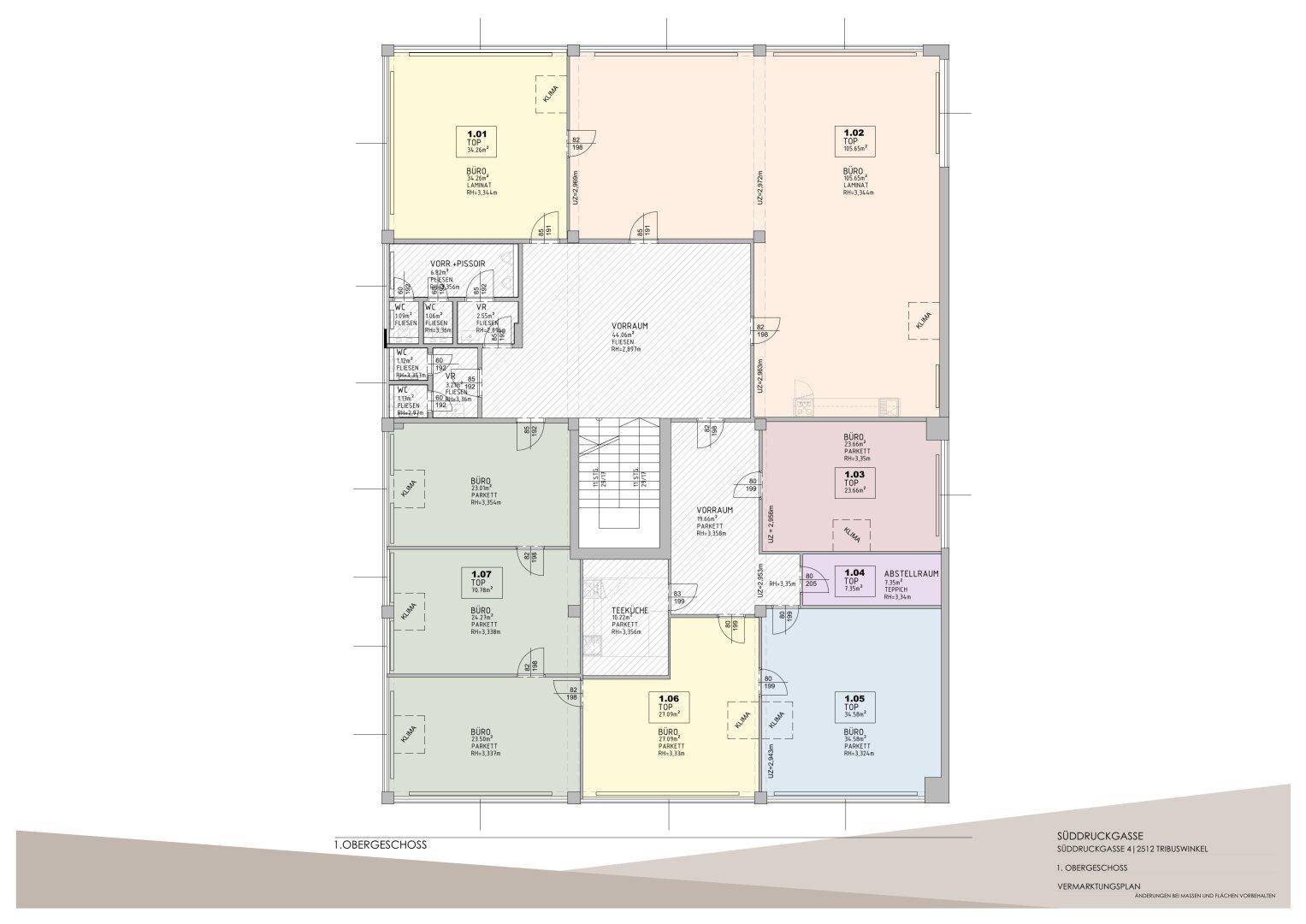 Grundriss des 1. Obergeschosses mit mehreren Büroräumen und einem zentralen Vorraum.