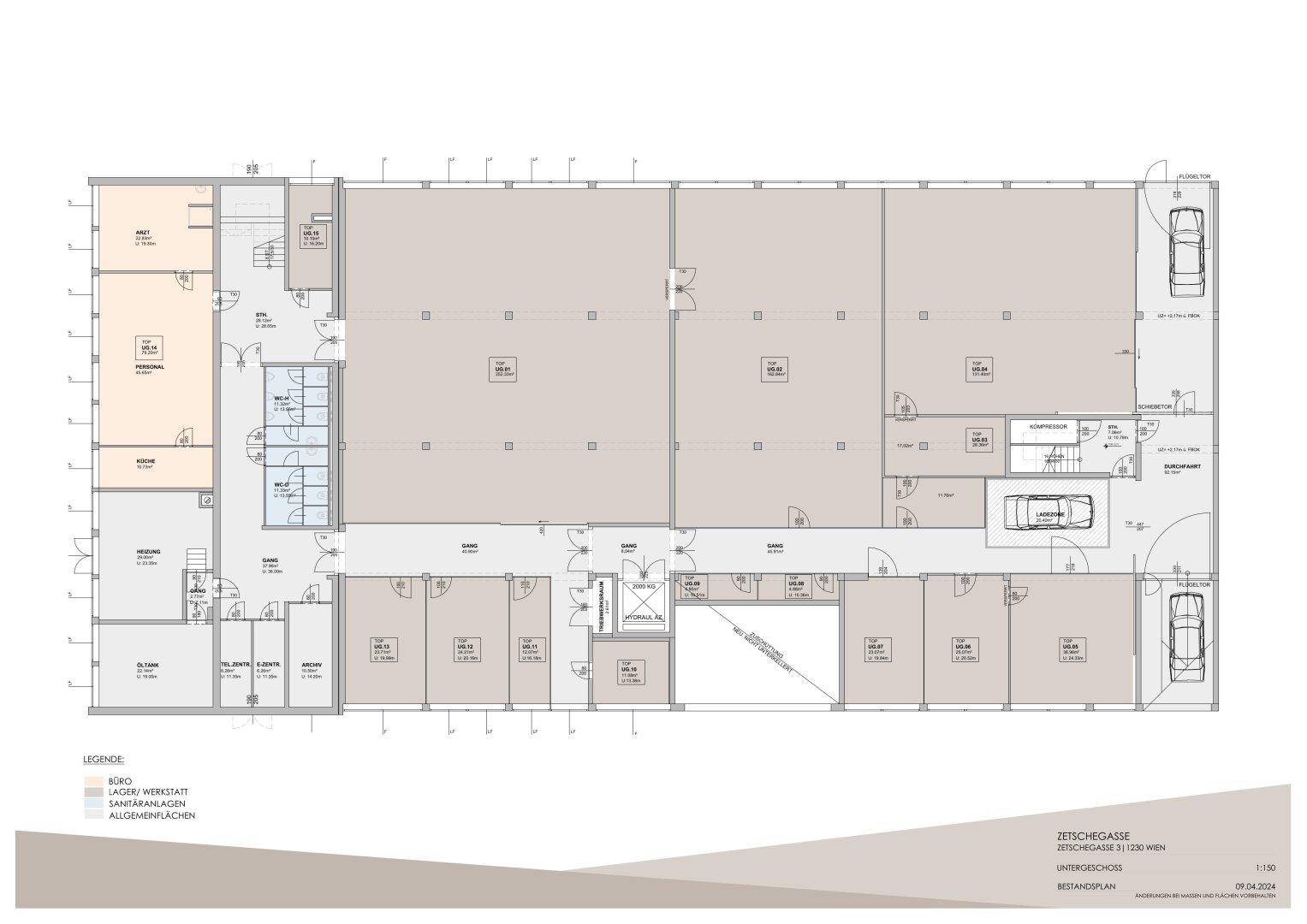 Grundriss des Untergeschosses mit Büros, Lager- und Werkstattbereichen, Sanitäranlagen und Tiefgaragenstellplätzen.