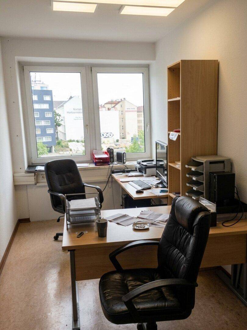 Eingerichtetes Büro mit Schreibtisch, Bürostühlen und einem Fenster mit Blick auf umliegende Gebäude.