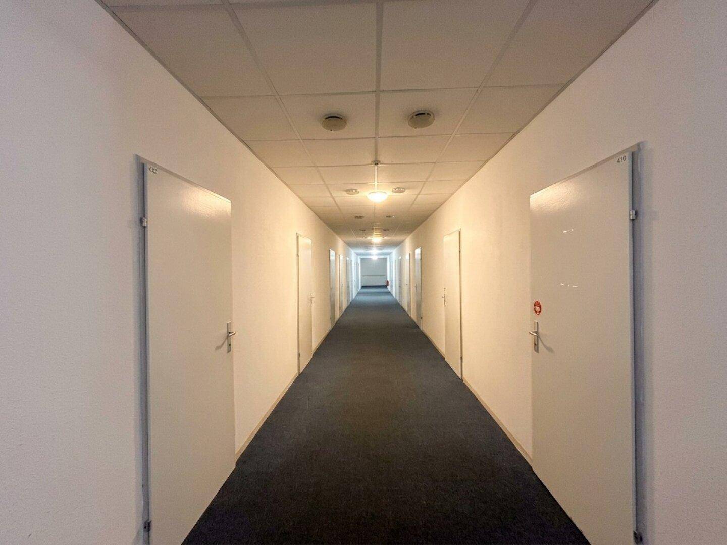 Langer, heller Flur mit vielen Türen und Teppichboden in einem Gebäude, beleuchtet von Deckenlampen.