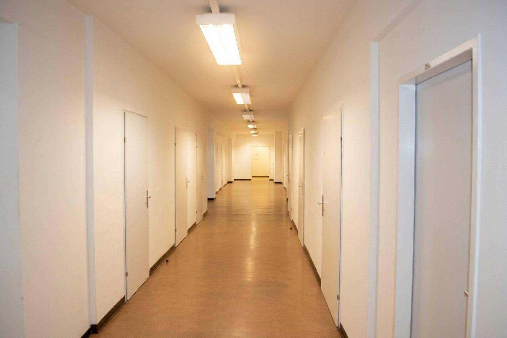 Geräumiger Flur mit vielen weißen Türen und Deckenleuchten, die den Raum gut ausleuchten.