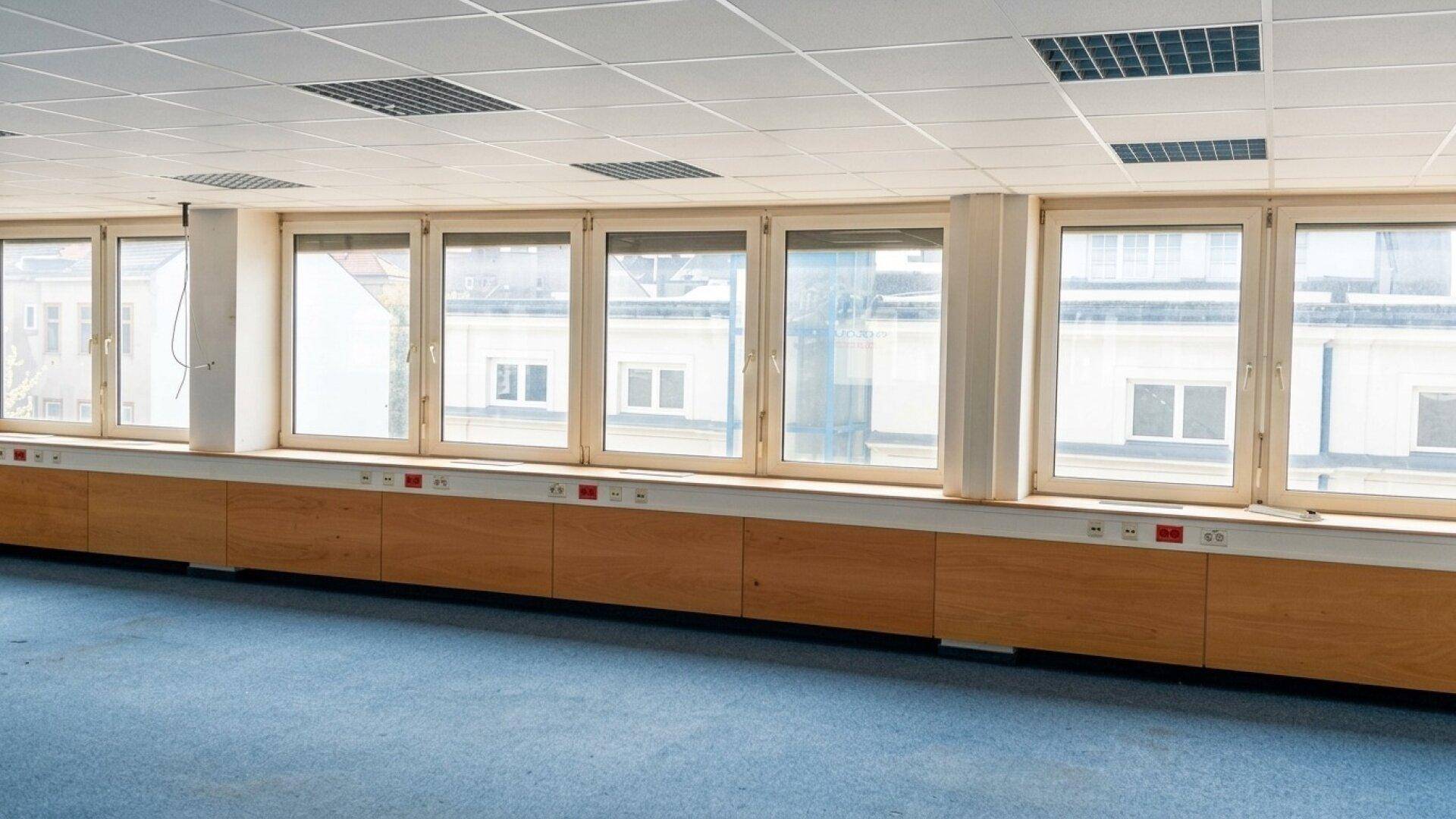 Großer Büroraum mit vielen Fenstern, blauem Teppichboden und einer abgehängten Decke mit Beleuchtung.