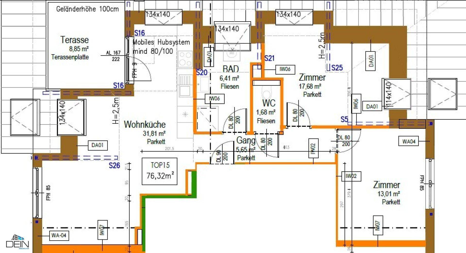Detaillierter Grundriss einer Wohnung mit Wohnküche, Bad, WC und mehreren Zimmern sowie einer Terrasse.