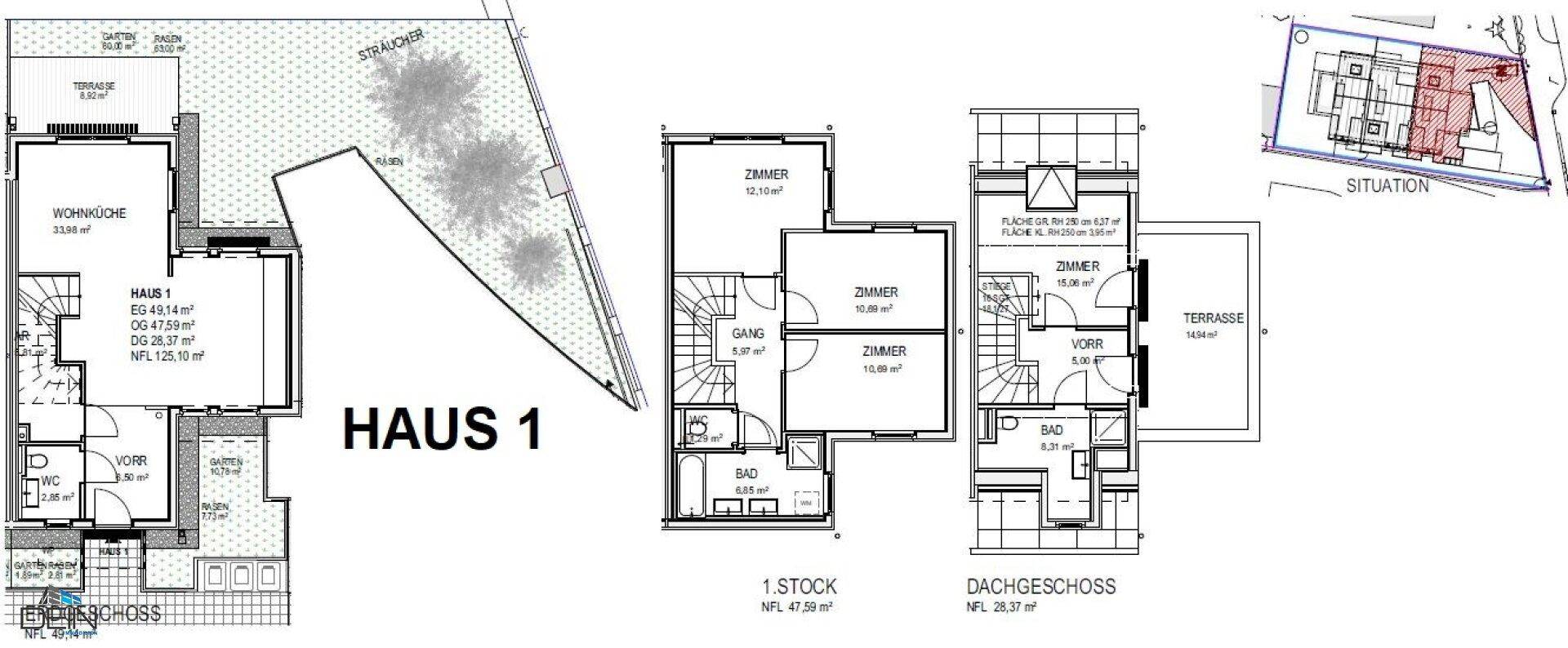 Grundrisspläne für Haus 1 mit Erdgeschoss, 1. Stock und Dachgeschoss.