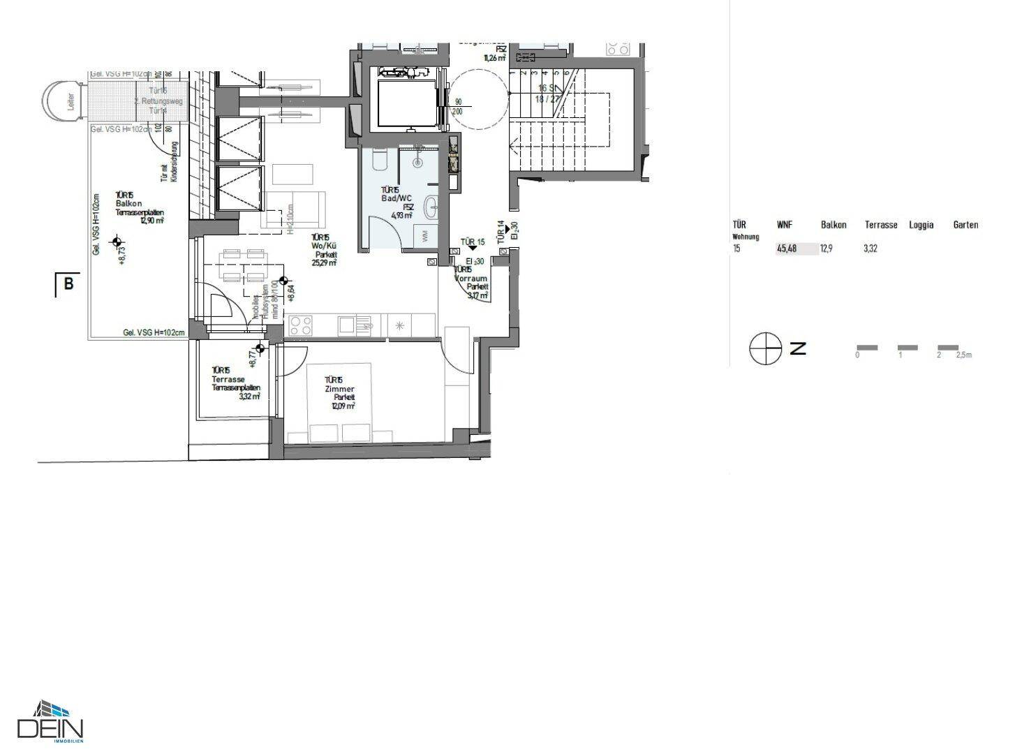 Grundriss einer Wohnung mit Balkon, Terrasse und offenem Wohnbereich.